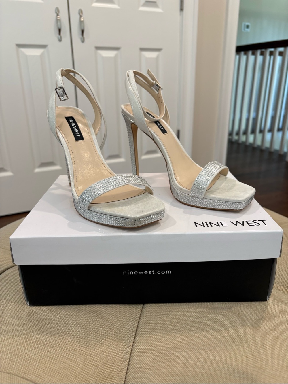 Nine West Silver Crystal-Embellished Slingback Heels